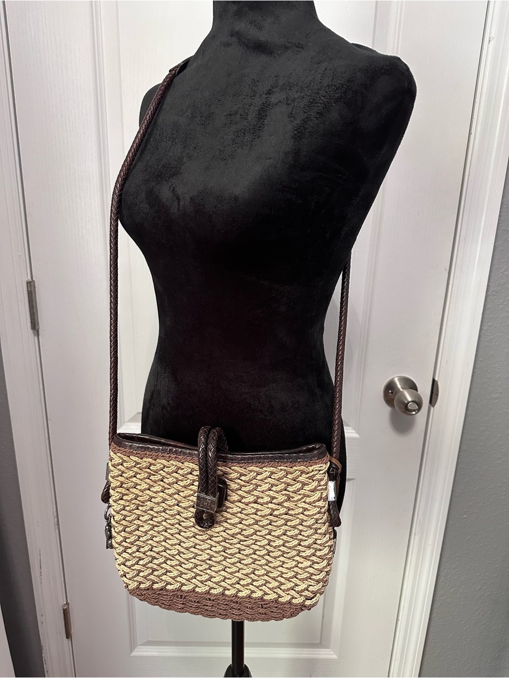 Brighton Roxanne Woven Straw Crossbody Bag Braided Leather Trim